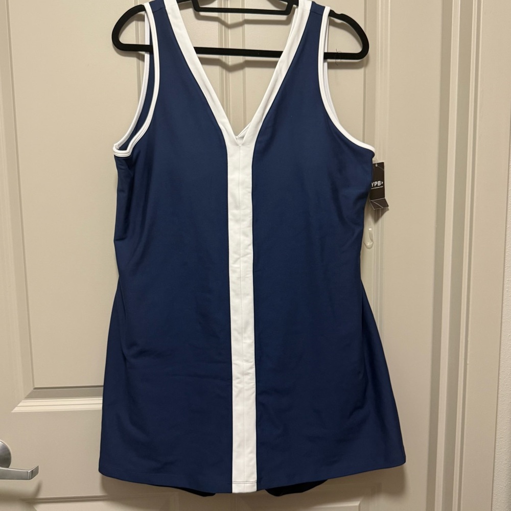 YPB Navy and White lux V-Neck mini dress